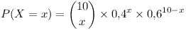 [tex] P(X=x)=\binom{10}{x}\times0.4^{x}\times0.6^{10-x}[/tex]
