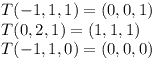 [tex]T(-1, 1, 1)=(0, 0, 1)\\T(0, 2, 1)=(1, 1, 1)\\T(-1, 1, 0)=(0, 0, 0)[/tex]