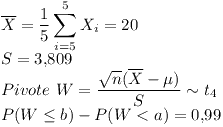 [tex] \overline{X} = \frac{1}{5} \sum_{i=5}^{5} X_{i} = 20\\S = 3.809\\Pivote \ W = \frac{\sqrt n (\overline{X} - \mu)}{S} \sim t_{4}\\P(W \leq b) - P (W < a) = 0.99[/tex]
