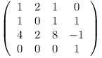 [tex]\left( \begin{array}{cccc} 1 & 2 & 1 & 0 \\ 1 & 0 & 1 & 1 \\                             4 & 2 & 8 & -1 \\ 0 & 0 & 0 & 1\end{array} \right)[/tex]