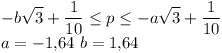 [tex]- b \sqrt 3 + \frac{1}{10} \leq p \leq - a \sqrt 3 + \frac{1}{10}\\a= -1.64 \ b = 1.64 [/tex]