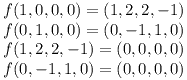[tex]f(1,0,0,0)=(1,2,2,-1) \\  f(0,1,0,0)=(0,-1,1,0) \\  f(1,2,2,-1)=(0,0,0,0) \\ f(0,-1,1,0)=(0,0,0,0) [/tex]