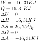 [tex]\begin{array}{l} W =  - 16,31KJ \\  Q = 16,31KJ \\  \Delta U = 0 \\  \Delta H = 16,31KJ \\  \Delta S = 26,75{\raise0.7ex\hbox{$J$} \!\mathord{\left/ {\vphantom {J k}}\right.\kern-\nulldelimiterspace}\!\lower0.7ex\hbox{$k$}} \\  \Delta G = 0 \\  \Delta A =  - 16,31KJ \\  \end{array}[/tex]