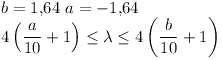 [tex]b=1.64 \ a=-1.64\\4 \left ( \frac{a}{10} +1 \right) \leq \lambda \leq 4 \left ( \frac{b}{10} + 1 \right)[/tex]