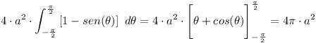 [tex]4 \cdot a^{2} \cdot \int_{-\frac{\pi}{2}}^{\frac{\pi}{2}}{ \left[1 - sen(\theta) \right] \,\, d \theta} = 4 \cdot a^{2} \cdot \Bigg[ \theta + cos(\theta)\Bigg]_{-\frac{\pi}{2}}^{\frac{\pi}{2}} = 4\pi \cdot a^{2}[/tex]