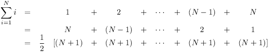 [tex]\begin{array}{cccccccccccc} \displaystyle \sum_{i = 1}^N i & = & & 1 & + & 2 & + & \cdots & + & (N-1) & + & N \\ & = & & N & + & (N-1) & + & \cdots & + & 2 & + & 1 \\ & = & \displaystyle \frac12 & [ (N+1) & + & (N+1) & + & \cdots & + & (N+1) & + & (N+1) ]\end{array}[/tex]