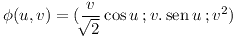 [tex]  \phi(u,v)=(\displaystyle\frac{v}{\sqrt[]{2}}\cos{u}\:;v.\sen{u}\:;v^2)\: [/tex]