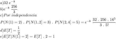 [tex]a) 32 \ e^{-8}\\b) e^{-8} \ \frac{256}{3}\\c) Por \ independencia\\P(N(1)=2) \ . \ P(N(1,2]=3) \ . \ P(N(2,4]=5) = e^{-8} \ \frac{32 \ . \ 256 \ . \ 16^{5}}{3 \ . \ 5!} \\d) E[T] = \frac{1}{2}\\e)E[T|N(1)=2] = E[T] \ . \ 2 = 1[/tex]