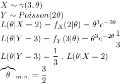 [tex] X \sim \gamma (3, \theta)\\Y \sim Poisson(2 \theta)\\L(\theta | X=2) = f_{X}(2 | \theta) = \theta^3 e^{- 2 \theta}\\L(\theta | Y=3) = f_{Y}(3 | \theta) = \theta^3 e^{- 2 \theta} \frac{1}{3}\\L(\theta | Y=3) = \frac{1}{3} \ . \ L(\theta | X=2)\\{\overbrace{ \theta}}_{m.v.} = \frac{3}{2}  [/tex]