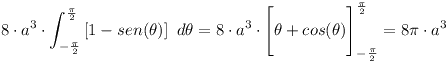 [tex]8 \cdot a^{3} \cdot \int_{-\frac{\pi}{2}}^{\frac{\pi}{2}}{ \left[1 - sen(\theta) \right] \,\, d \theta} = 8 \cdot a^{3} \cdot \Bigg[ \theta + cos(\theta)\Bigg]_{-\frac{\pi}{2}}^{\frac{\pi}{2}} = 8\pi \cdot a^{3}[/tex]